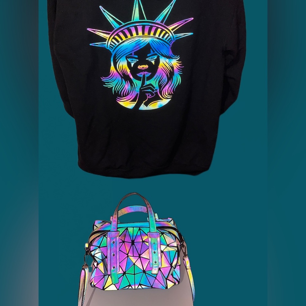 Holographic sweater and purse